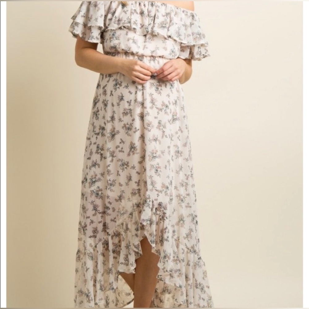 Pinkblush Cream Floral Off the Shoulder RuffleSlit Hi-low Maternity Dress Size M